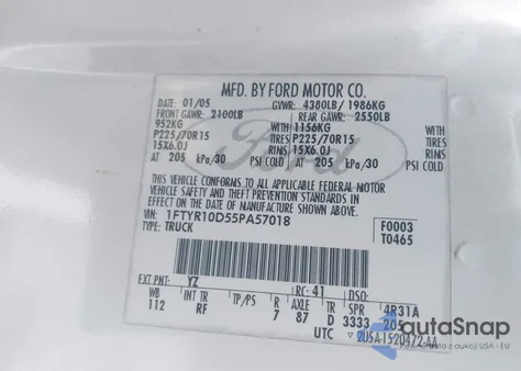 2005 Ford Ranger Xl/Xls/Xlt z USA, uszkodzony, nr VIN 1FTYR10D55PA57018